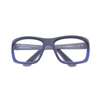 May include: Dark blue rectangular eyeglasses with a translucent inner frame rim. The inner temple is printed with 'MAUI MJ0768B 002 61X16-130 M', 'Made in Mauritius', 'Cat.3P', 'Hanauma Coast', and 'CE'. The frame features a thick, solid outer edge.