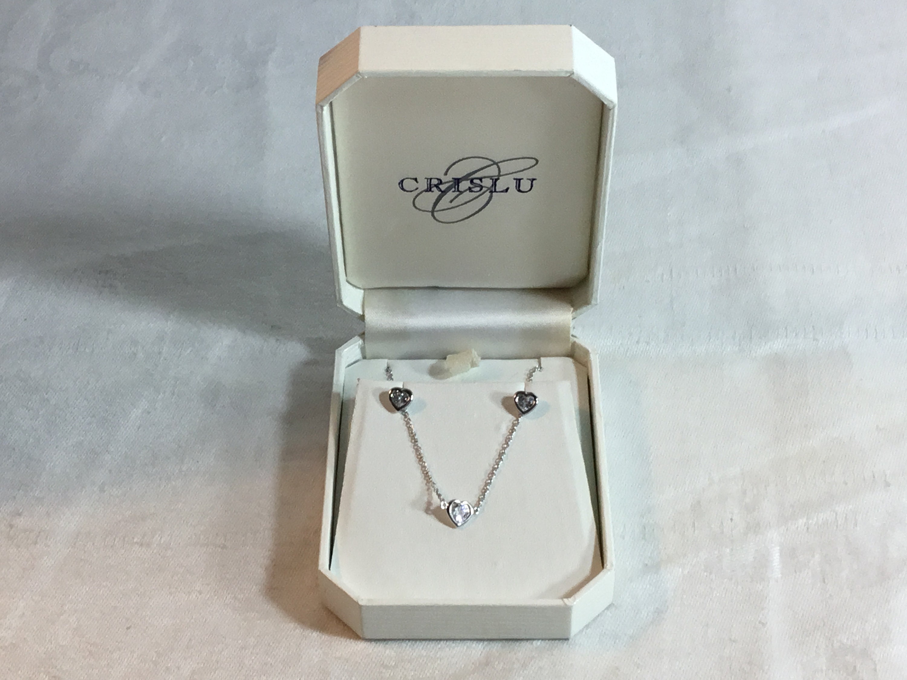 Crislu Jewelers 925 Sterling Silver Heart Shaped Necklace and Stud Earrings with Cubic Zirconia Inlaid in Heart 15 Cable Chain Gift Box