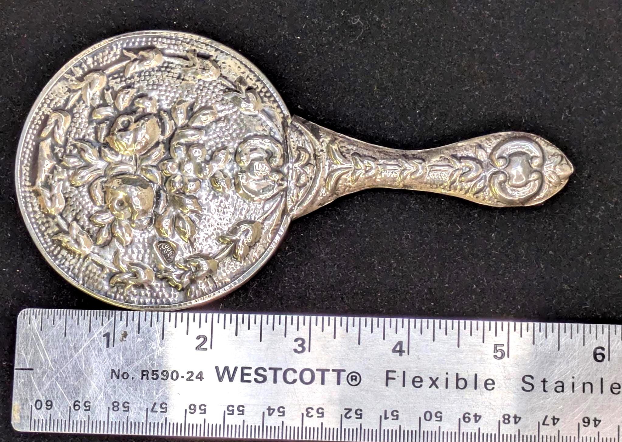Antique .900 Silver Hand Mirror : Murat Floral Repoussé