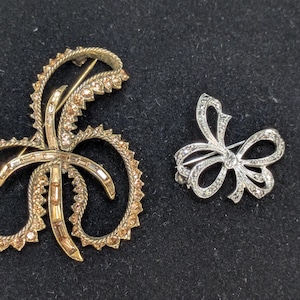 Vintage Rhinestone Bow Brooch Set: Avon Gold-Tone & Silver-Tone Pins