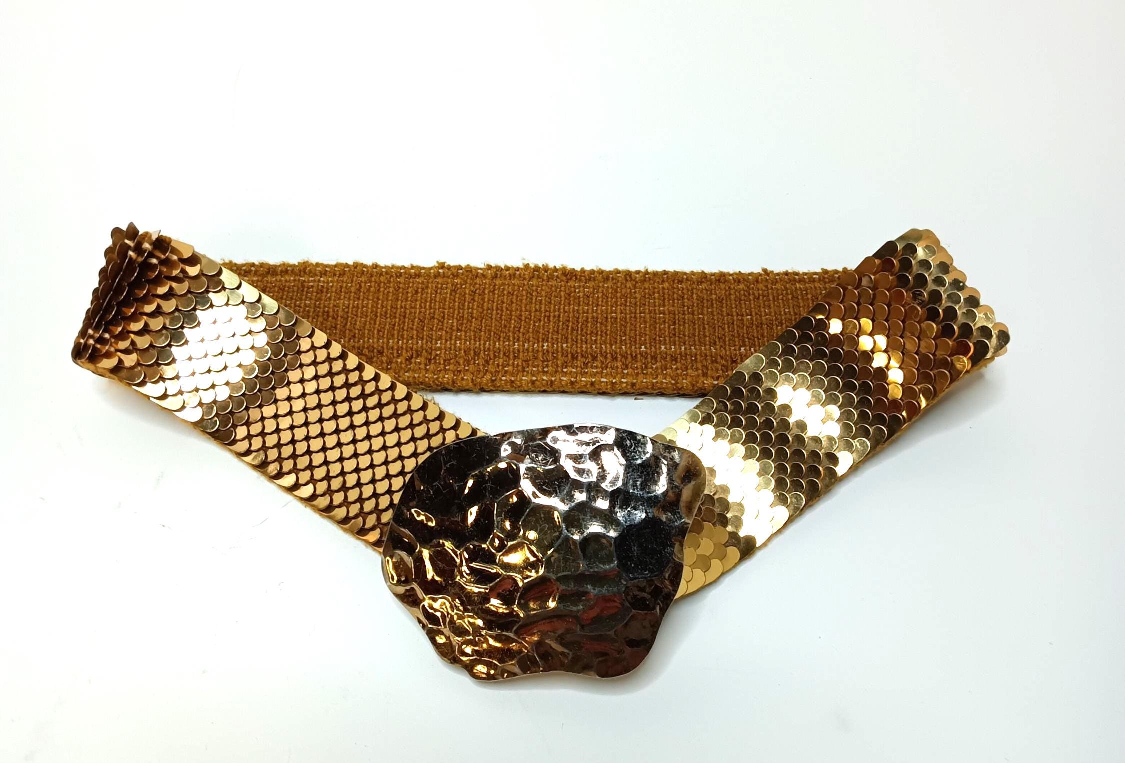 Vintage Gold Tone Stretch Belt With Hammered Metal Buckle 