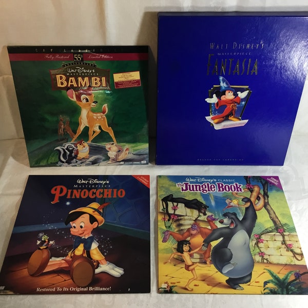 4 Walt Disney Animation Masterpiece Laserdiscs LD New Bambi 55th Limited Edition Preowned The Jungle Book, Pinocchio & Deluxe CAV Fantasia