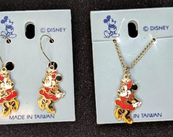 Vintage Disney Minnie Mouse Enamel Necklace & Dangle Earrings Set Retro Collectable Disney Jewelry Jewellery Gift