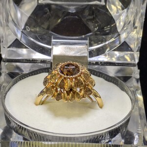 May include: A gold ring with a large, round, brown gemstone at the center, surrounded by smaller, petal-shaped gold accents. The ring is displayed in a clear, faceted jewelry box with a white interior.