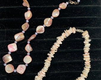 2 Necklaces Seashells Coral Pink White Short Long Necklace