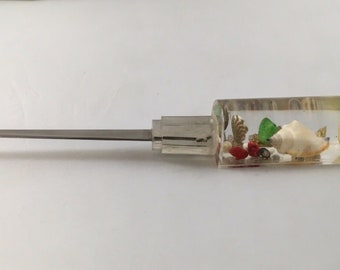 60&#39;s Letter Opener Stainless Steel Lucite Handle W Sea Shells Floating in liquid