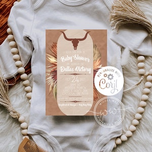 May include: A rustic brown baby shower invitation with a floral design and a skull with antlers. The text reads "Join us for a Baby Shower in honor of Dallas Cictory Oct 24 2021 3PM at Hidden Porch 4883 E. HWY 266 Catoosa, OK 74015 RSVP to Jacie at 1234567890 Registered it Amazon + Bay Boy Baby"