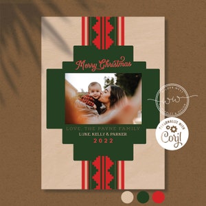 May include: A Christmas card with a green, red, and white geometric pattern. The card features a photo of a mother and child with the text "Merry Christmas", "Love, The Payne Family", "Luke, Kelly & Parker", and "2022".