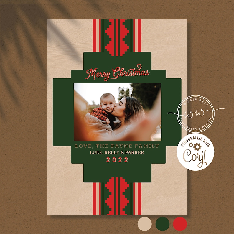 May include: A Christmas card with a green, red, and white geometric pattern. The card features a photo of a mother and child with the text "Merry Christmas", "Love, The Payne Family", "Luke, Kelly & Parker", and "2022".