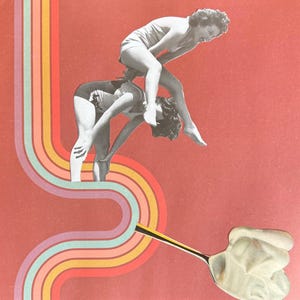 May include: A retro collage showing two women in swimsuits, one standing on the other, with a rainbow stripe design and a spoon with cream on a red background. The image has a vintage aesthetic.