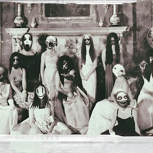May include: A monochrome photograph showing a group of people wearing masks with different expressions. The masks vary from plain white faces to disturbing, open-mouthed designs. The subjects are dressed in formal wear, creating a spooky and unsettling atmosphere.