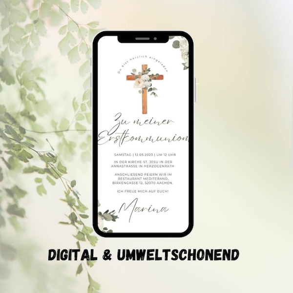 Communion invitation card | Cross with eucalyptus flowers