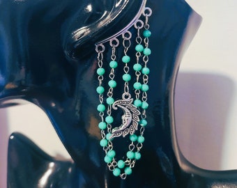 Wrap around Ear Cuff With Green Dangling Beads And Moon Pendant