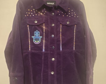Size 10 Purple jacket flares at waist.  Rhinestones, Hamsa with evil eye patch