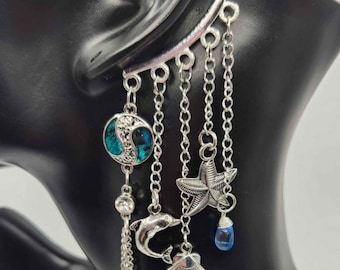 Wrap Around Ear Cuff Ocean Theme Blue and Silver No Peicing Needed