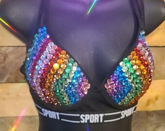 36B sexy Rhinestone Rainbow slip on sports bra