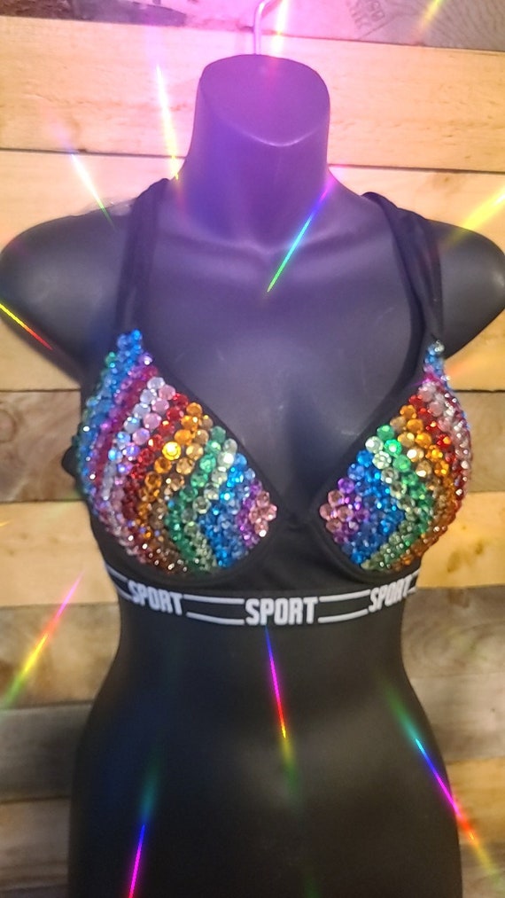 36B sexy Rhinestone Rainbow slip on sports bra