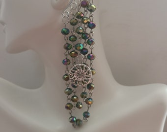 Wrap around ear Cuff Dangle Earring (NO PIERCING NEEDED). Iridescent Beaded Chain With A Sun Charm