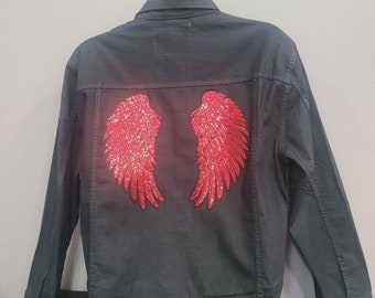 3x denim Jacket With Red Sequin Wings And Pocket