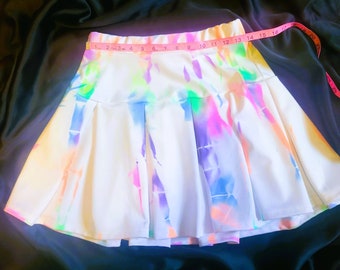 Stretch white tennis skirt with neon tie dye, size Large.