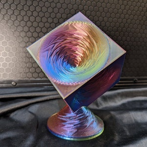 Vortex Cubed Kinetic Sculpture; 3D Printed Iridescent Decor; Fidget Spinner; Original Design; Spinning; Trippy, Psychedelic; Platonic Solid