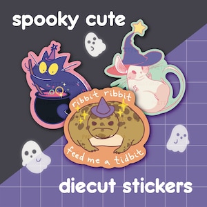 Set effrayant / Summerween Halloween mignons familiers, sorcière chat, souris, grenouille, autocollants en vinyle mat