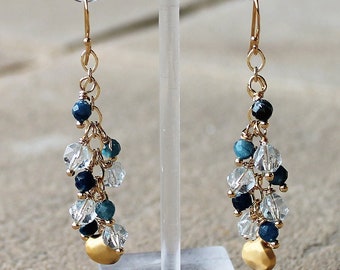 Natural Blue Topaz and Apatite Semi Precious Stone Cascading Cluster Earrings - 18K Yellow Gold Filled OOAK