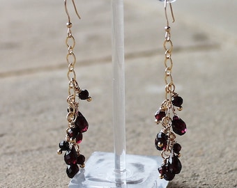 Natural Red Garnet Semi Precious Stone Cascading Cluster Earrings - 18K Yellow Gold Filled OOAK