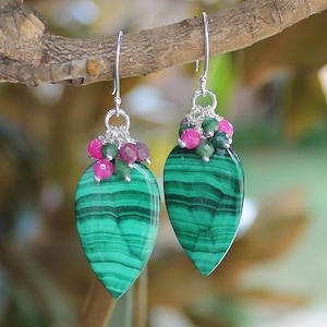 Green-Pink Gemstone Cluster Dangle Earrings - Natural Malachite, Ruby, Emerald - Solid 92e5 Sterling Silver - Lightweight OOAK Gift for Her