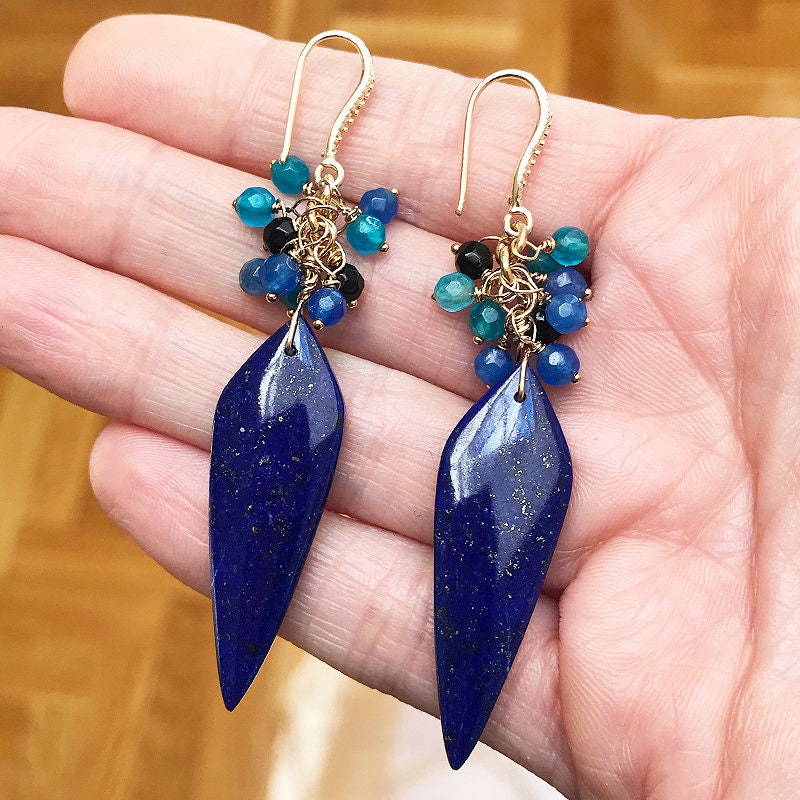 ラピスラズリ クラスター イヤリング | 18K ゴールドフィルド | 軽量