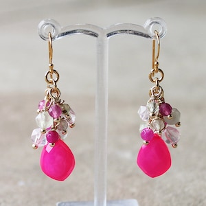 Hot Pink Chalcedony Cascading Cluster Semi Precious Stone Earrings with pink Rose Quartz and pale green Prehnite in Gold OOAK