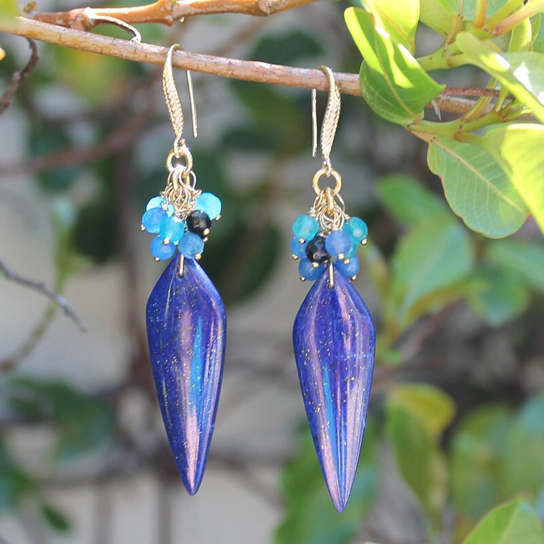 ラピスラズリ クラスター イヤリング | 18K ゴールドフィルド | 軽量