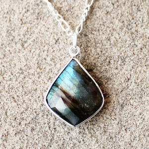 Natural Faceted Blue Flash Labradorite Rhombus Teardrop Pendant Charm - 925 Sterling Silver