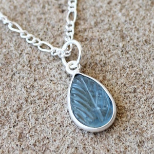 Small Birthstone Pendant Charm - Blue Aquamarine Carved Leaf - March Birthstone - Solid 925 Silver