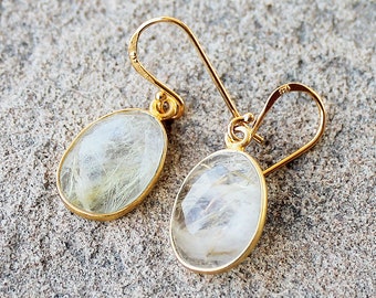 Natural Gold Rutilated Quartz Gemstone Earrings - Irregular Oval Shape - 24K Gold Vermeil