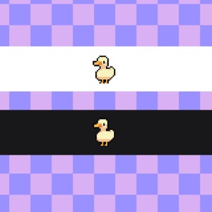 Op de afbeelding: Een pixel art-illustratie van een gele eend op een witte achtergrond en een zwarte achtergrond.