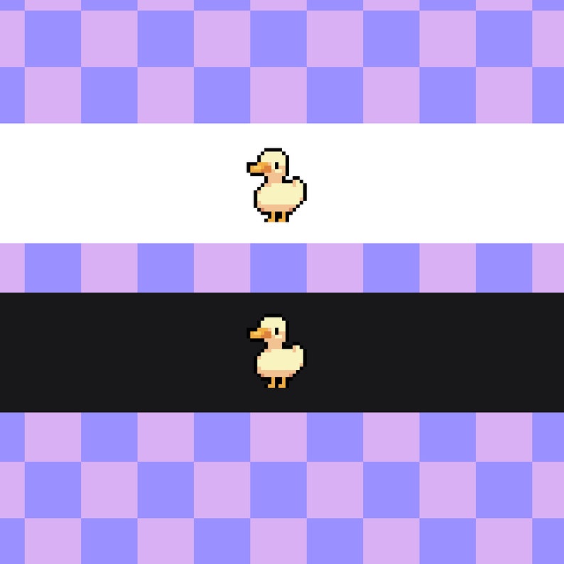 Op de afbeelding: Een pixel art-illustratie van een gele eend op een witte achtergrond en een zwarte achtergrond.