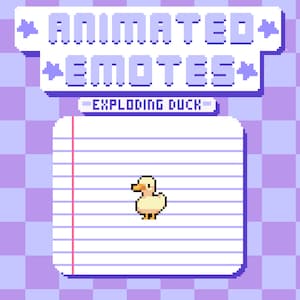 Pode incluir: Arte de pixel animado de um pato amarelo em um fundo de papel branco listrado. O texto "EXPLODING DUCK" está acima do pato.