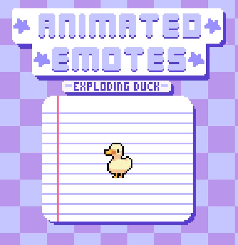 Op de afbeelding: Geanimeerde pixel art van een gele eend op een witte, gestreepte papieren achtergrond. De tekst "EXPLODING DUCK" staat boven de eend.