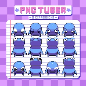 May include: A digital illustration featuring a collection of pixelated blue creatures with various facial expressions. The text "PNG TUBER" and "- 5 EXPRESSIONS -" are displayed at the top. The creatures are arranged on a lined paper background.