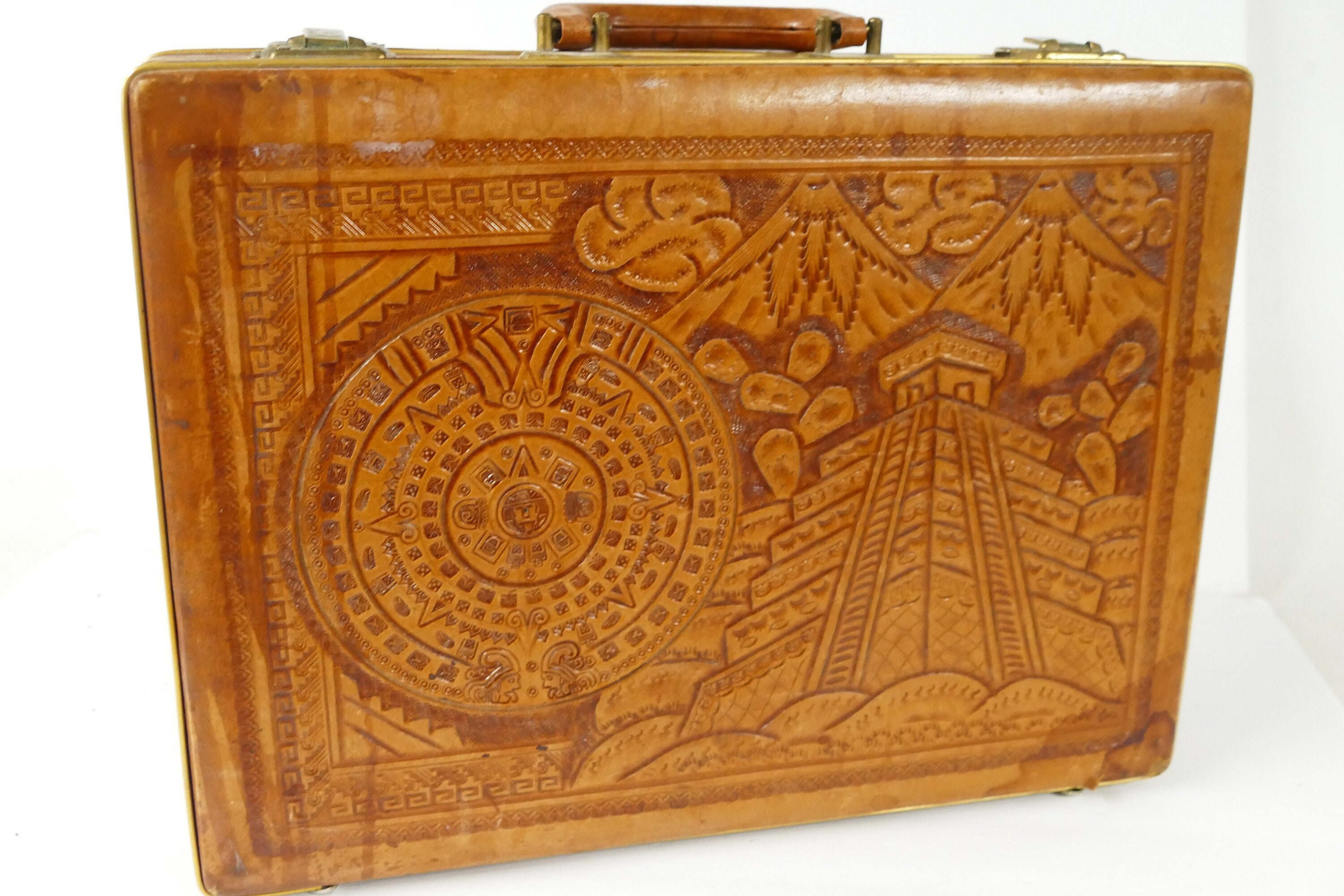 Tooled Old School Leather Briefcase Vintage Mexican Hand-Tooled