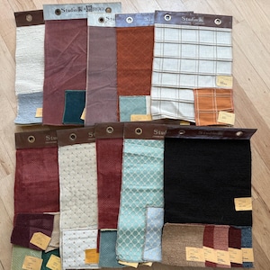 10 Studio K Lineage getextureerde geometrische bekledingsstofmonsters, 11 x 15 inch. Katoen en mengsels. Stof collagemateriaal