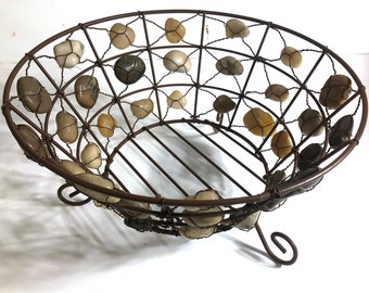 Unique Vintage Stone-Wrapped Wire Basket Centerpiece with Agates, Quartz, 10 x 6 inches, Shabby Chic, Wire Art, One-of-a-Kind, Rubbing Stone