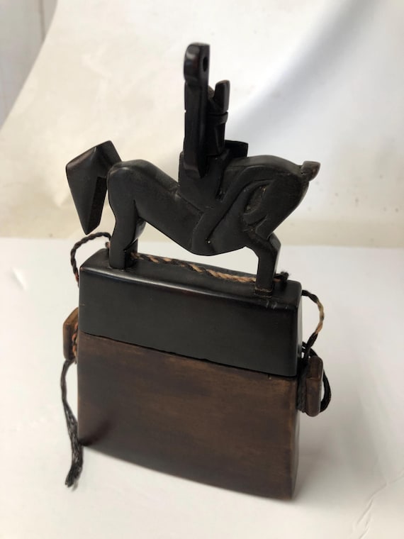 Vintage, Indonesian, Hand-carved Wood Tobacco Pouch With Horse & Rider, 8 X  4.5 In. Travel Purse, Ethnic Art