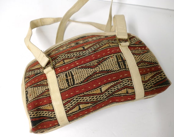Vintage Berber Kilim Wool & Leather Handbag, Moroccan, 8 x 12 inches, Colorful Textile, Handcrafted Tote, Ethnic Art, Satchel