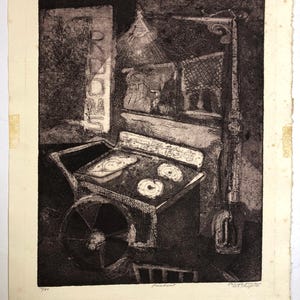 1971 Limited Edition Signed Etching Print, Lenore Simon, Pushcart, 10/20 11 x 14 inches Rag Paper