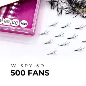 May include: Close-up of black wispy 5D eyelash extensions. The image shows individual fans and a container with labels indicating 0.07mm, 12mm, and CC curl. The text "WISPY 5D" and "500 FANS" is displayed.