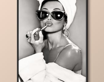 Plakat ze szminką Audrey Hepburn | Luksusowa sztuka ścienna | Pobieranie cyfrowe 300 dpi