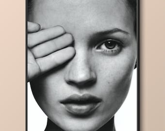 Kate Moss Black & White Photo Print | Fashion Icon Poster with Covered Eye | Instant Download