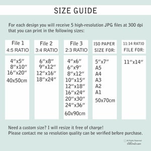 May include: A size guide for printable digital designs. The guide shows five different sizes for each design, with corresponding ISO paper sizes and 11:14 ratio file sizes. The sizes are listed in inches and centimeters.